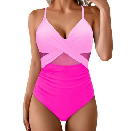 Bigersell One-Piece Swimsuit Women Tummy Concealing One-Piece Bathing Suit Mesh Bathing Suit for Women 2025 Padded Monokini Swimwear Beach Vacation Swimming  Style SW-30  Pinky  M