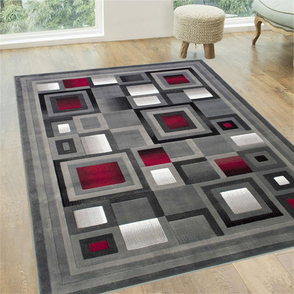 Handcraft Rugs Red Lava/Silver/Gray Abstract Geometric Modern Squares Pattern... 