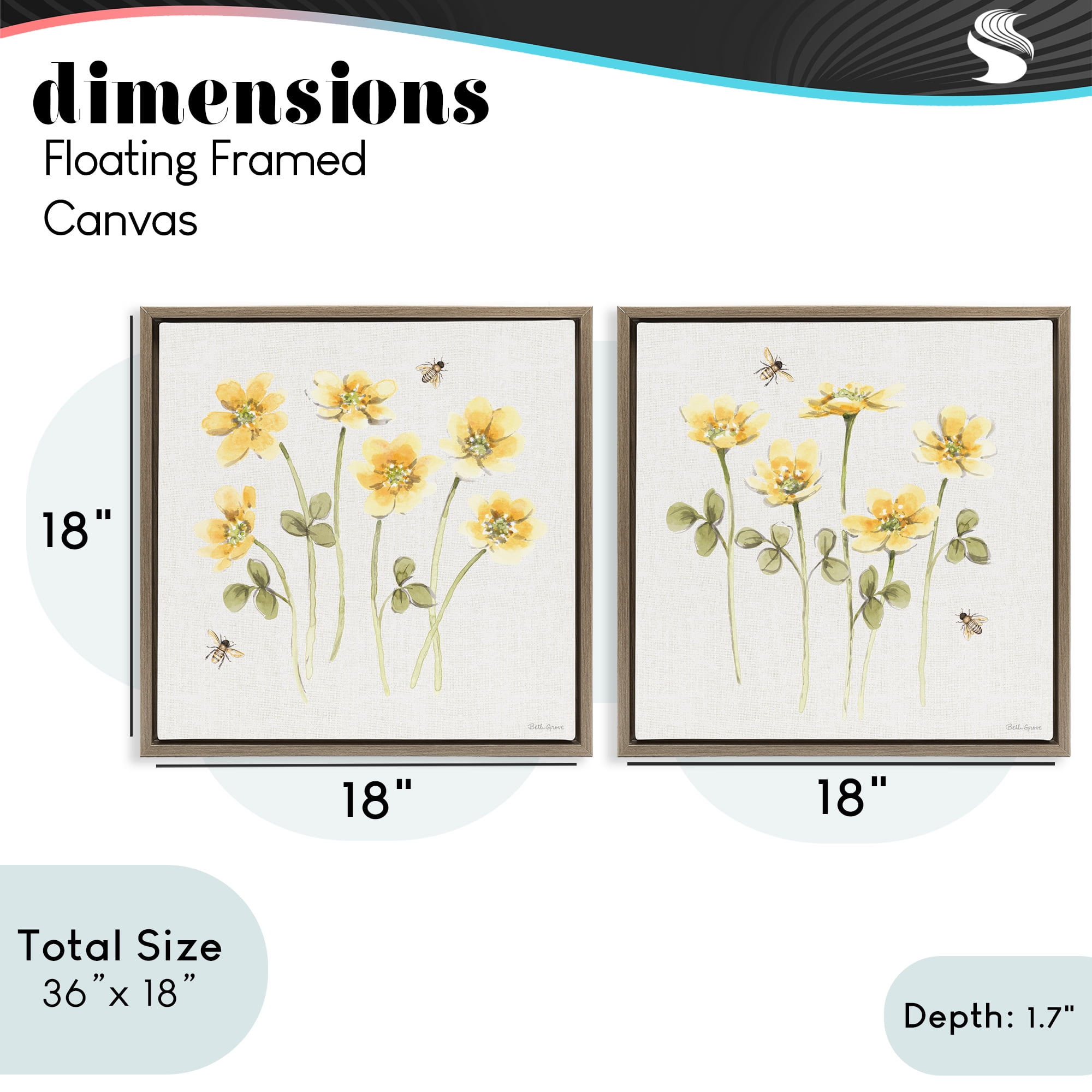 Stupell Industries Sweet Honey Flowers & Bees 2 Piece Brown Framed Floater Canvas Set, design by Beth Grove