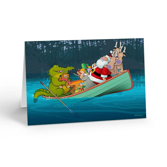 Oh No! An Alligator is On Board Santa's Boat Funny Holiday Card - 18 Holiday Car