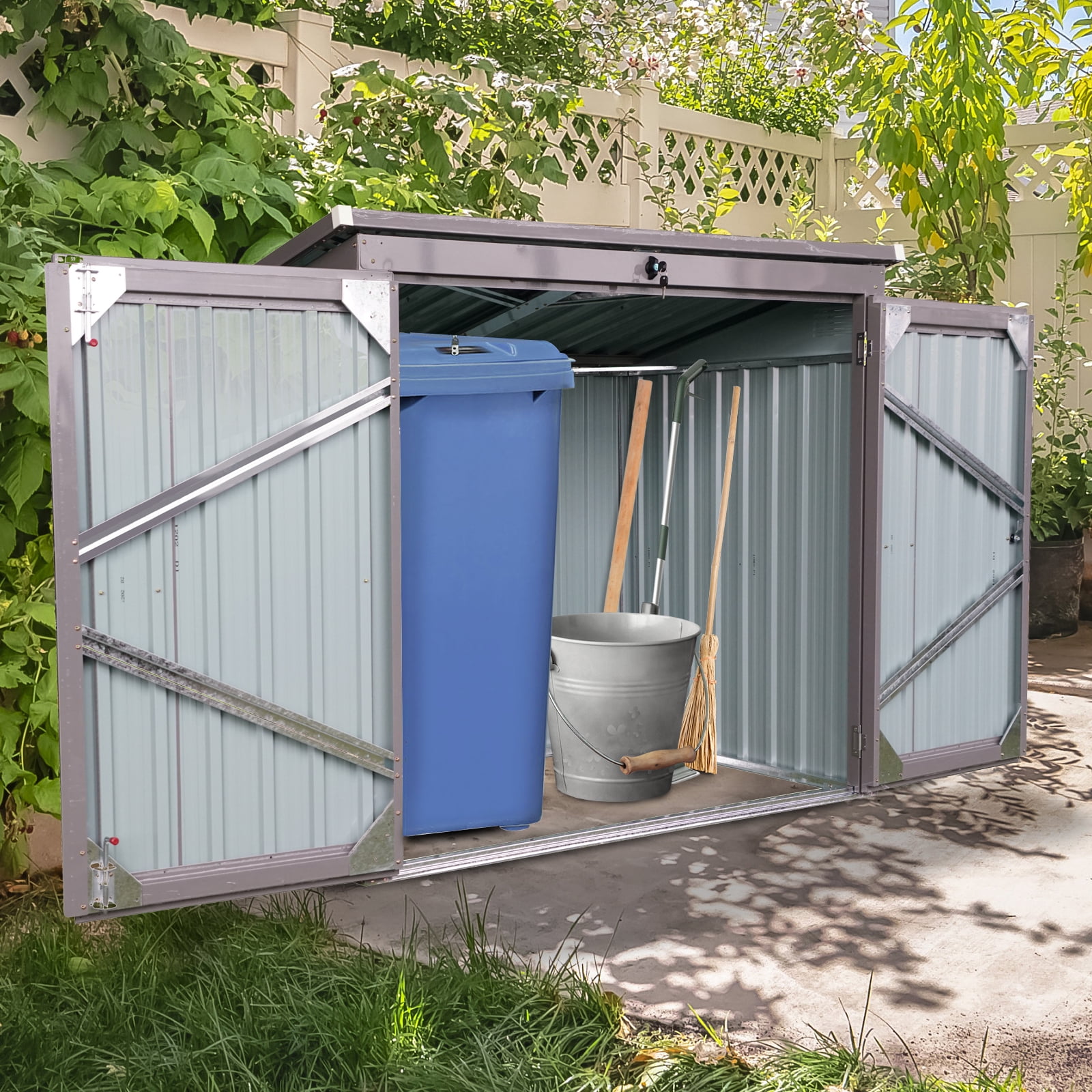 Witaxima Metal Outdoor Garbage Bin Shed for 2 Trash Cans, 62.25"L x 40"W x 52.75"H, Galvanized Steel Storage Shed for Garden/Yard, Lockable Door & Sloped Roof, Gray