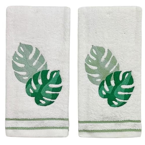 Serafina Home Coastal Tropical Palm Leaves Embroidered Bath Hand Fingertip Towels, Green on Ivory, 100% Cotton, Set of 2, 12 x 18 inches