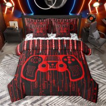 Homewish Black Red Gamepad Bedding Comforter Set 7pcs for Boys, Cartoon Game Console Lover Queen Bedding Sets, Stripes Abstract Reversible Queen Sheet Sets, Lightweight Room Decor