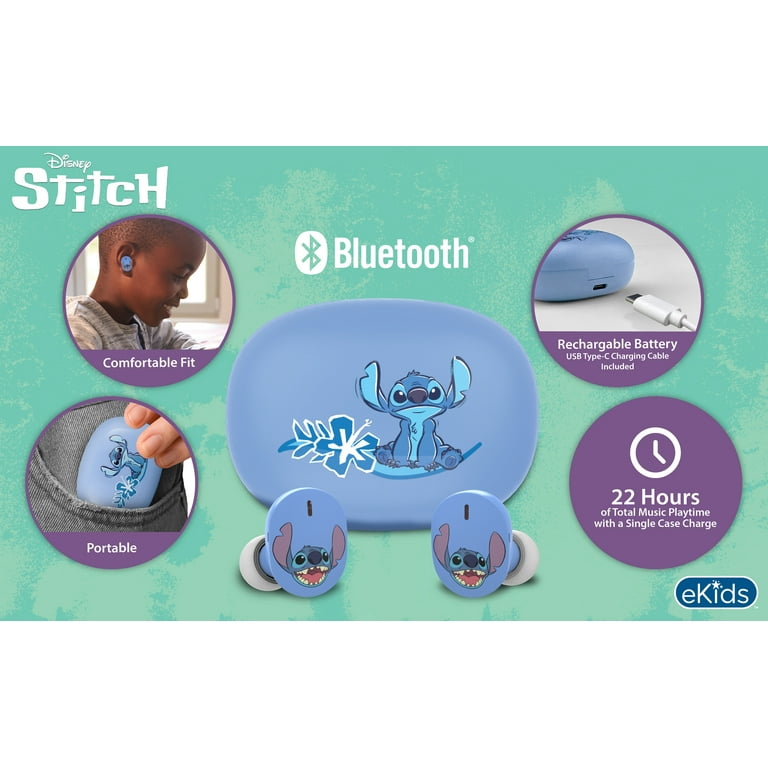 eKids Disney Stitch Wireless Earbuds with Microphone, Bluetooth