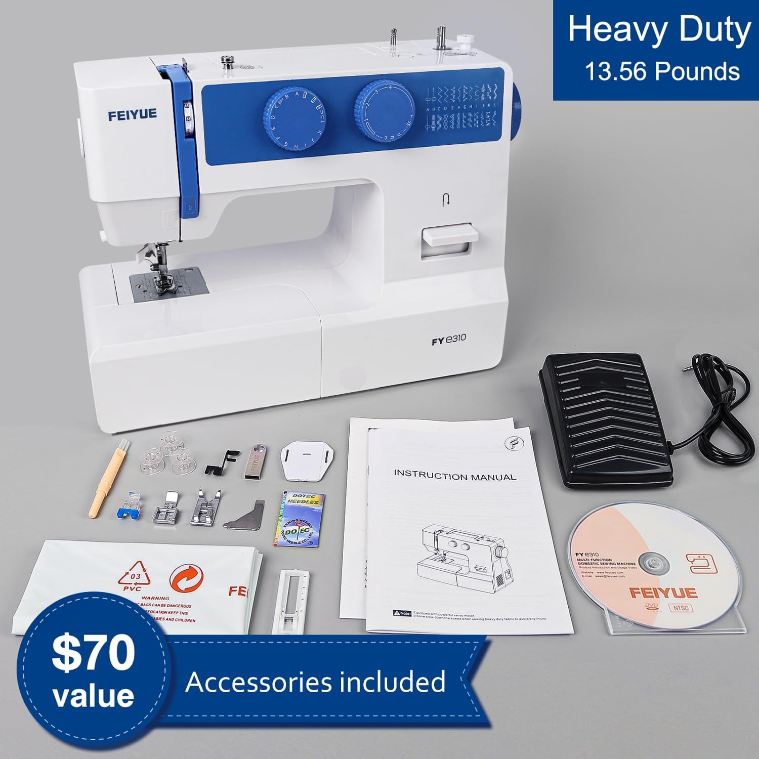FEIYUE FYe310 Domestic Sewing Machine with Foot Pedal, Controllable Speed, Stabilized Stitch, 105 Stitch Applications, Powerful Servo Motor (Blue)