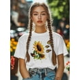 thumbnail image 5 of Women's T-Shirt Sunflower Retro Yellow Flower Butterfly Farm Short Sleeve Casual Tee Classic Crew Neck T Shirt for Women White, 5XL, 5 of 7