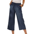 thumbnail image 3 of Glonme Summer Pants for Women Casual Pockets Cotton Linen Wide Leg Drawstring Elastic Waist Capris Crop Pants Blue M, 3 of 7