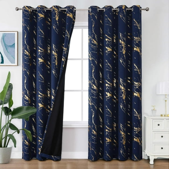 Navy Blue and Gold Blackout Patterned Curtains, Gold Marble Printed Thermal Insulated Curtain Modern Abstract Drapes for Bedroom Living Room Dining Room 53"W x 63"L (Pack of 2)
