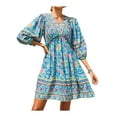 thumbnail image 2 of Seyurigaoka Women's Summer Bohemian Floral Print V-Neck Bubble Sleeve Ethnic Wind Swing Short Dress, 2 of 4
