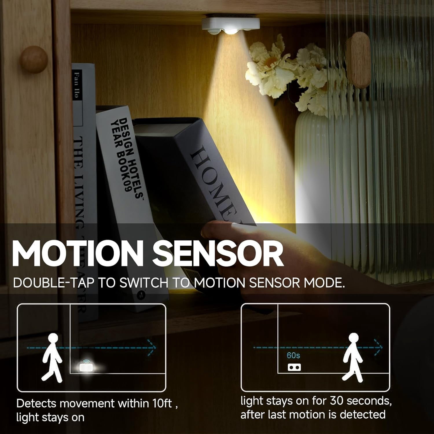 LETOUR Motion Activated Closet Light 6500K Cabinet Lighting 10ft Sensor 60s Auto-Off Dimmable Daylight White and Battery Powered