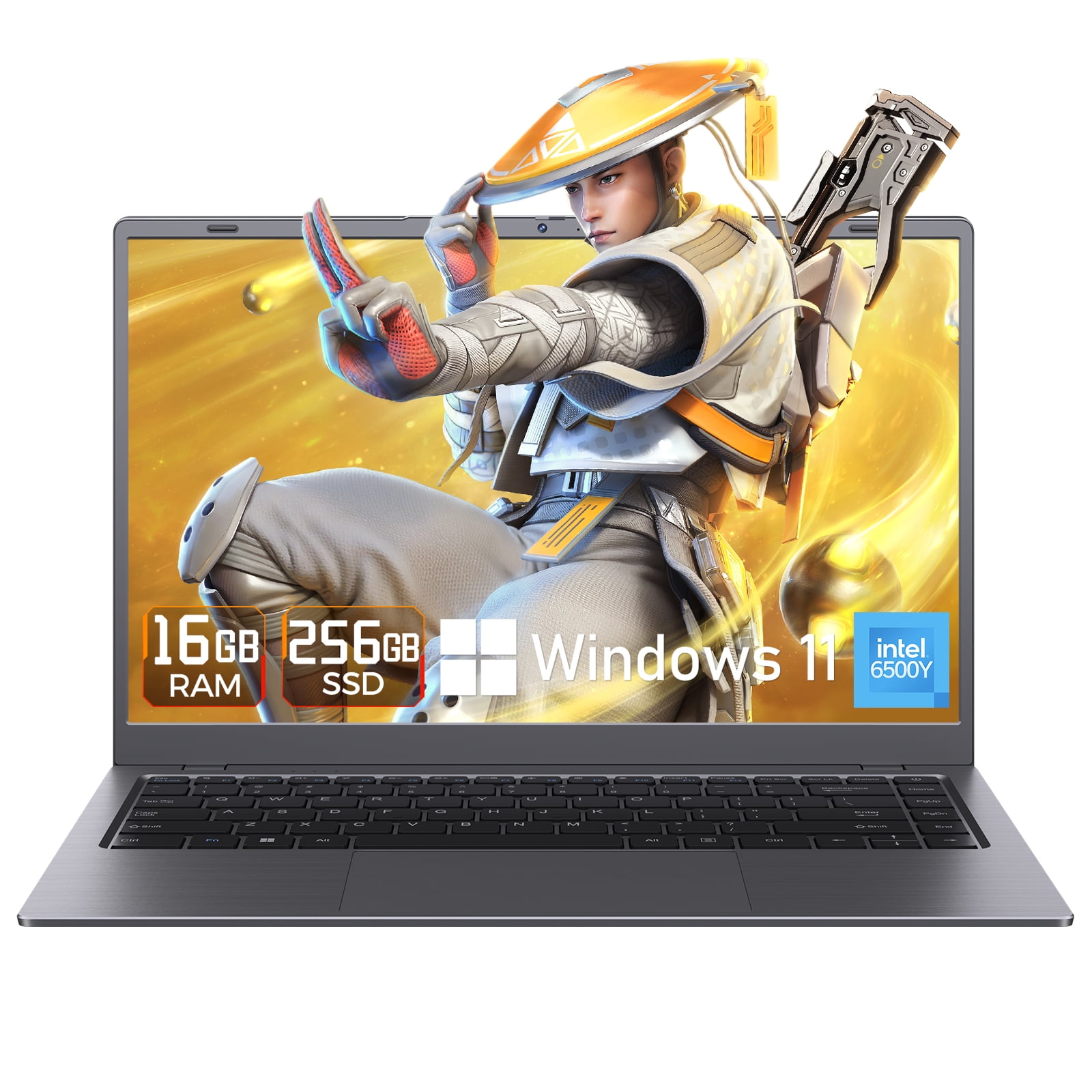 HYYUO Laptop Computer, 14 inch FHD Display 16GB RAM 256GB SSD, Intel 6500Y 2 Cores, Office 2024 Windows 11, Type-C PD Dual 4K Output for Work Study