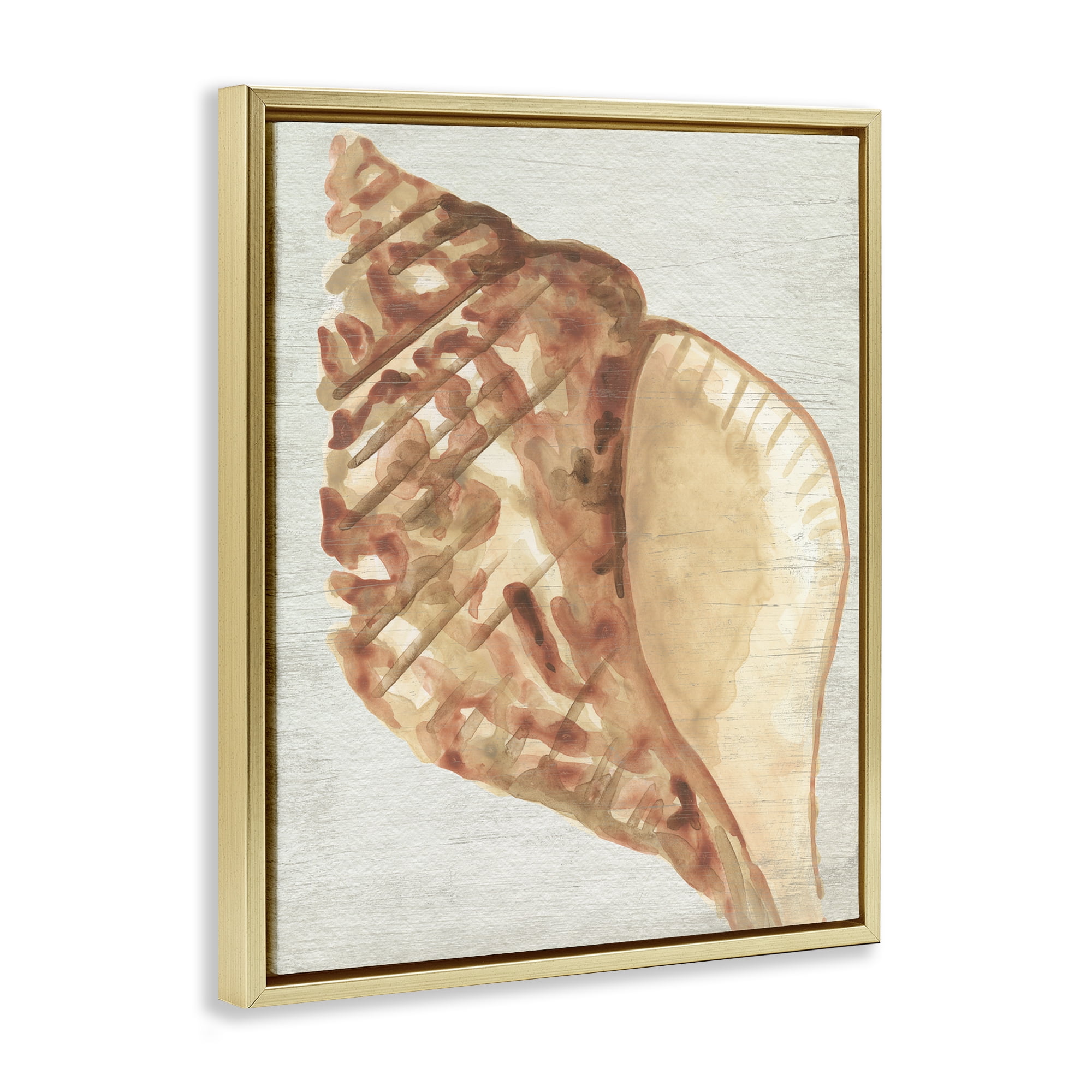 Stupell Industries Tan Conch Shell Nautical & Beach Painting Gold Floater Framed Canvas Art Print Wall Art, 17 x 21