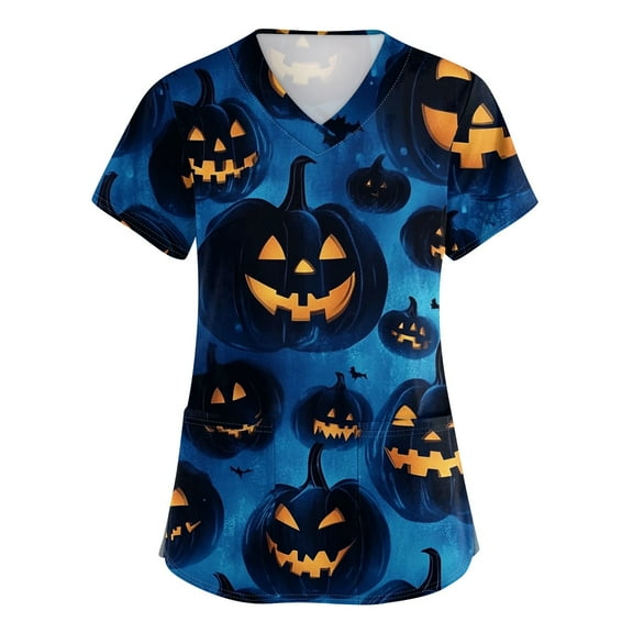 Scrubs, Halloween Top For Women, V-Neck Nursing Uniforms With Ghost Print & Side Slit Pockets, Stretch Medical Scrubs Healthcare Work, Comfortable Purple Scrubs Tops Scrubs (L, Blue) ZMTing