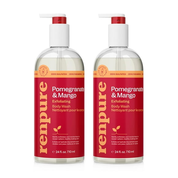 RENPURE Gel Douche Exfoliant Grenade & Mangue - Nettoie, Hydrate & Rajeunit la Peau - pour Tous Types de Peau - Extrait de Grenade, Extrait de Fruit de Mangue - 24 Fl Oz Chacun 2 Pack