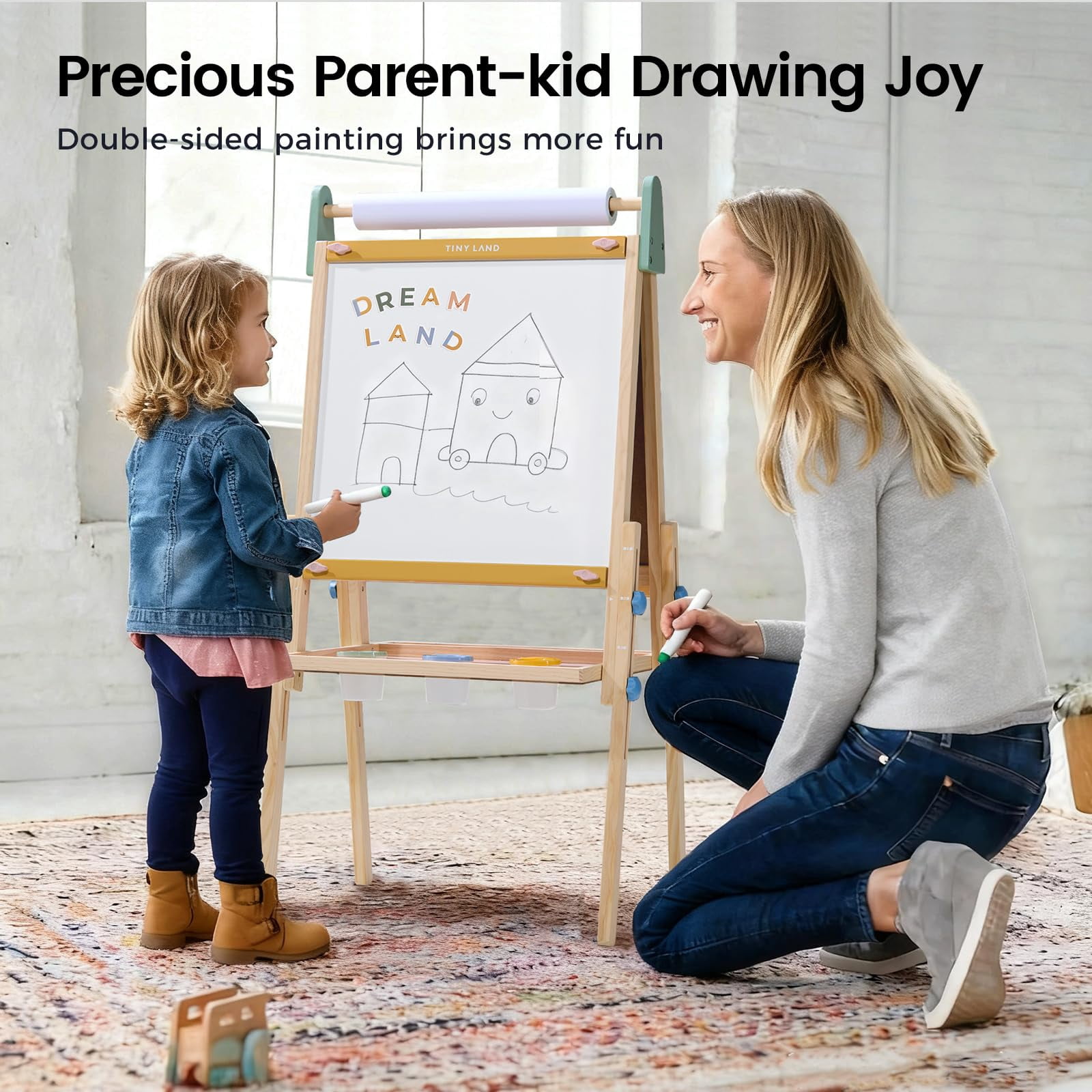 Tiny Land Easel for Kids, Adjustable Double-Sided Wooden Easel with Paper Roll, Whiteboard & Chalkboard, Multi-Functional Art Easel for 3-8 Years Old Boys & Girls