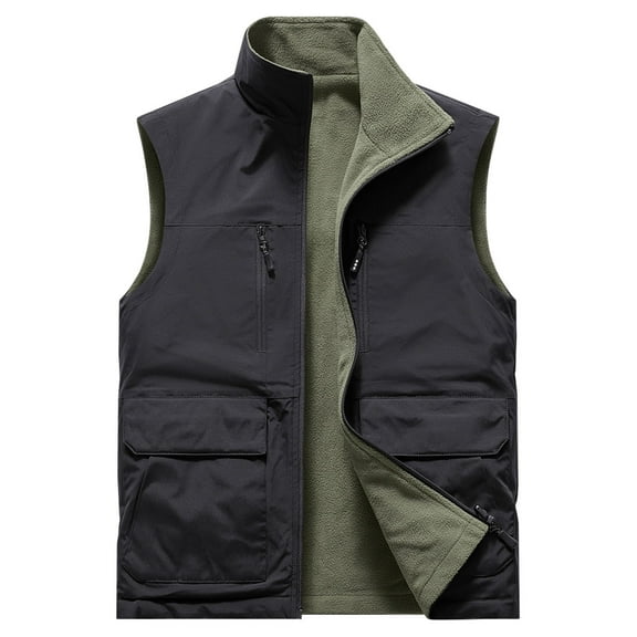 Fleece Jackets for Men Sleeveless Vests with Pockets Reversible Coats Mens Solid Color Zip Up Waterproof Slim Thermal Warm Hiking Outerwear Vest