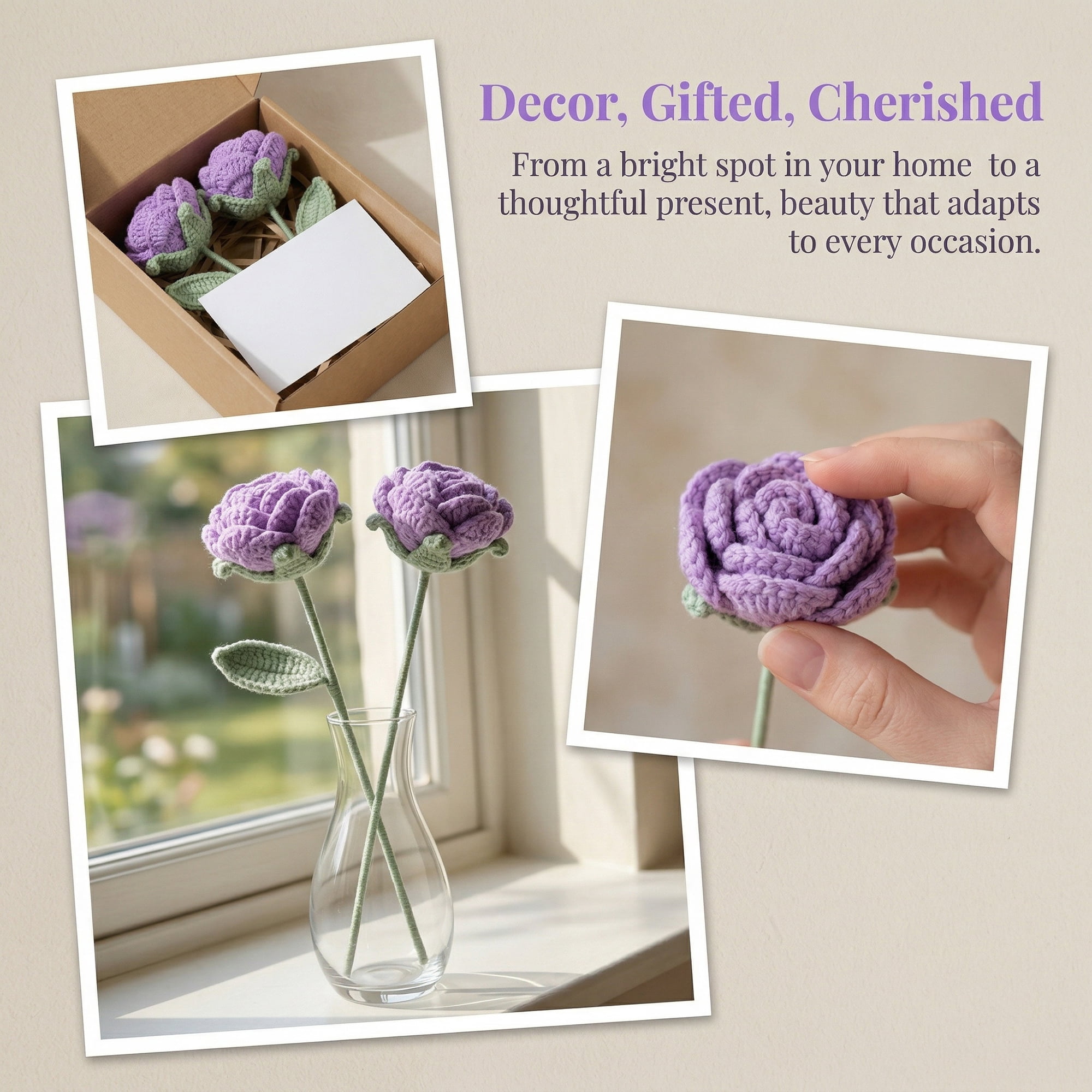Unique Bargains 4Pcs Handmade Crochet Long Stem Realistic Fake Roses Purple Pink 13in