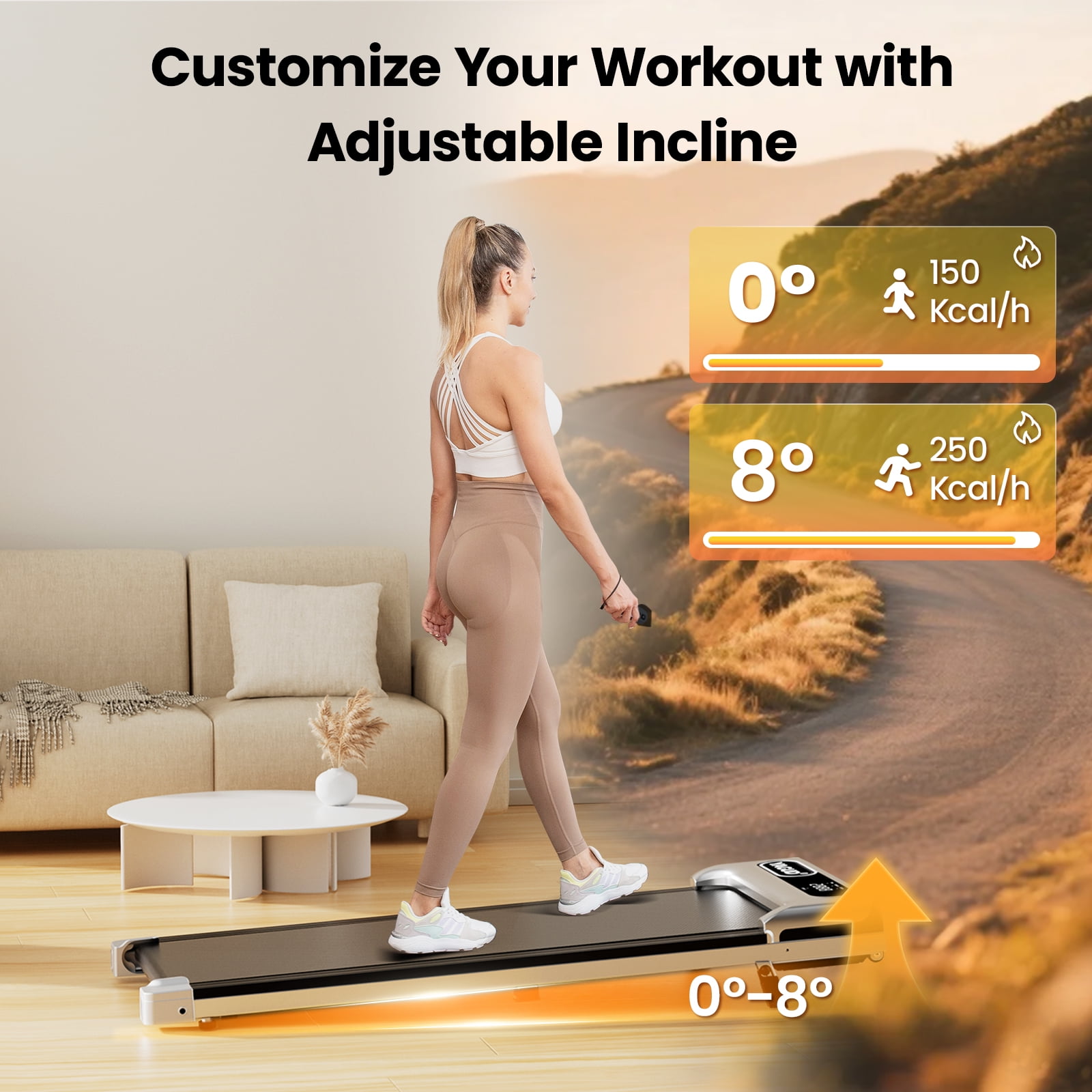 Yagud Walking Pad Under Desk Treadmill with 8°Incline and Wheels for Home and Office, 2.5 HP Portable Walking Jogging Running Machine with Remote Control and LED Display, Silver