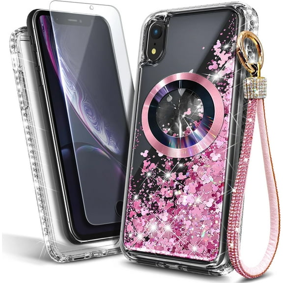 NageBee Designed for iPhone XR Magnetic Case for MagSafe, Tempered Glass Screen Protector/Wrist Strap Lanyard, Glitter Floating Liquid Cute Case (Rose Gold)