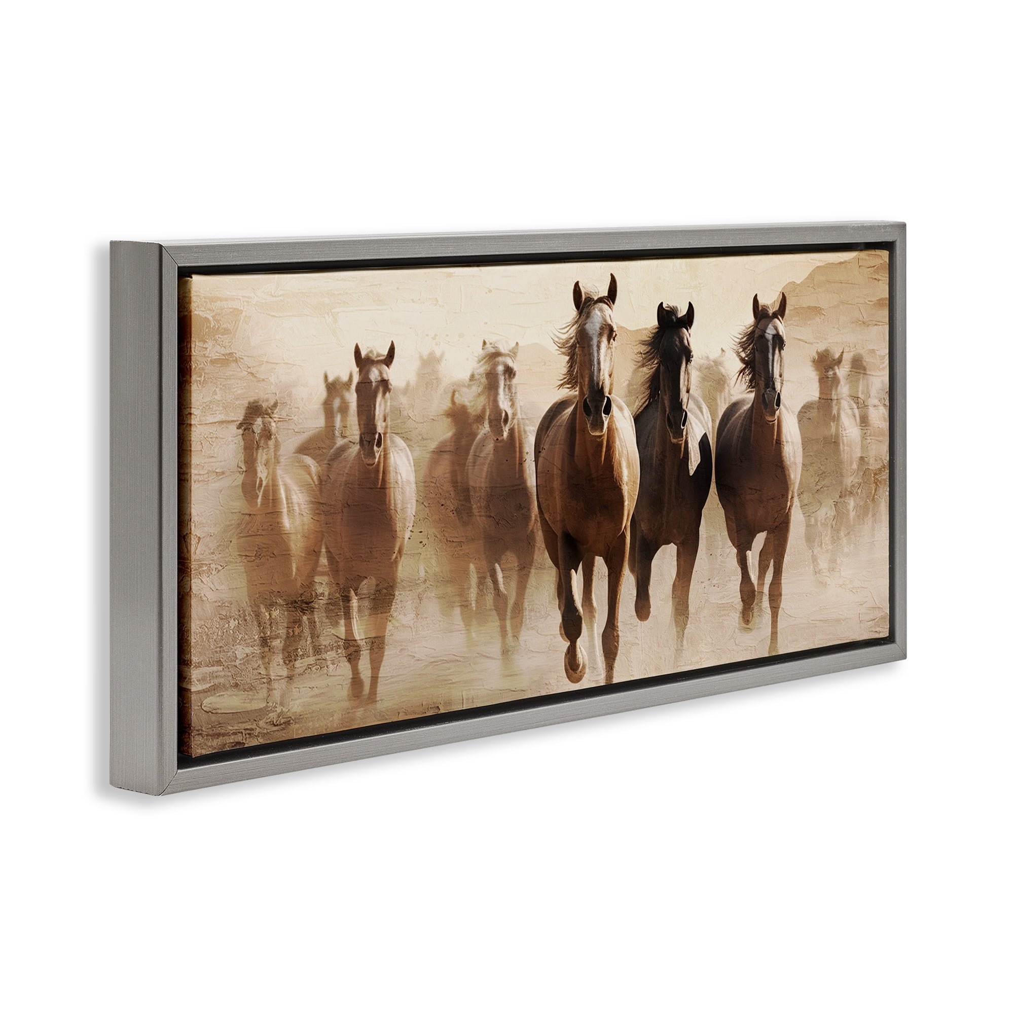 Stupell Industries Rustic Layered Gallop Animals Painting Gray Floater Framed Canvas Art Print Wall Art, 25 x 11