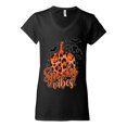 thumbnail image 2 of Wild Bobby Spooky Vibes Pumpkin Skulls Bats Stars with Orange and Black Halloween Women Standard V-Neck Tee, Black, Small, 2 of 6