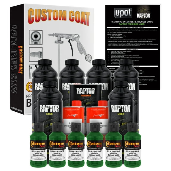 U-POL Raptor Emerald Green Urethane Spray-On Truck Bed Liner Kit w/ FREE Custom Coat Spray Gun with Regulator, 6 Liters