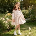 thumbnail image 7 of Toddler Warm Corduroy Fall Outfit Contrast Big Ruffle Collar Tiny Floral Embroidery Gathered Waist Casual Dress for Birthday Parties Indoor Tea Parties Khaki 80, 7 of 7