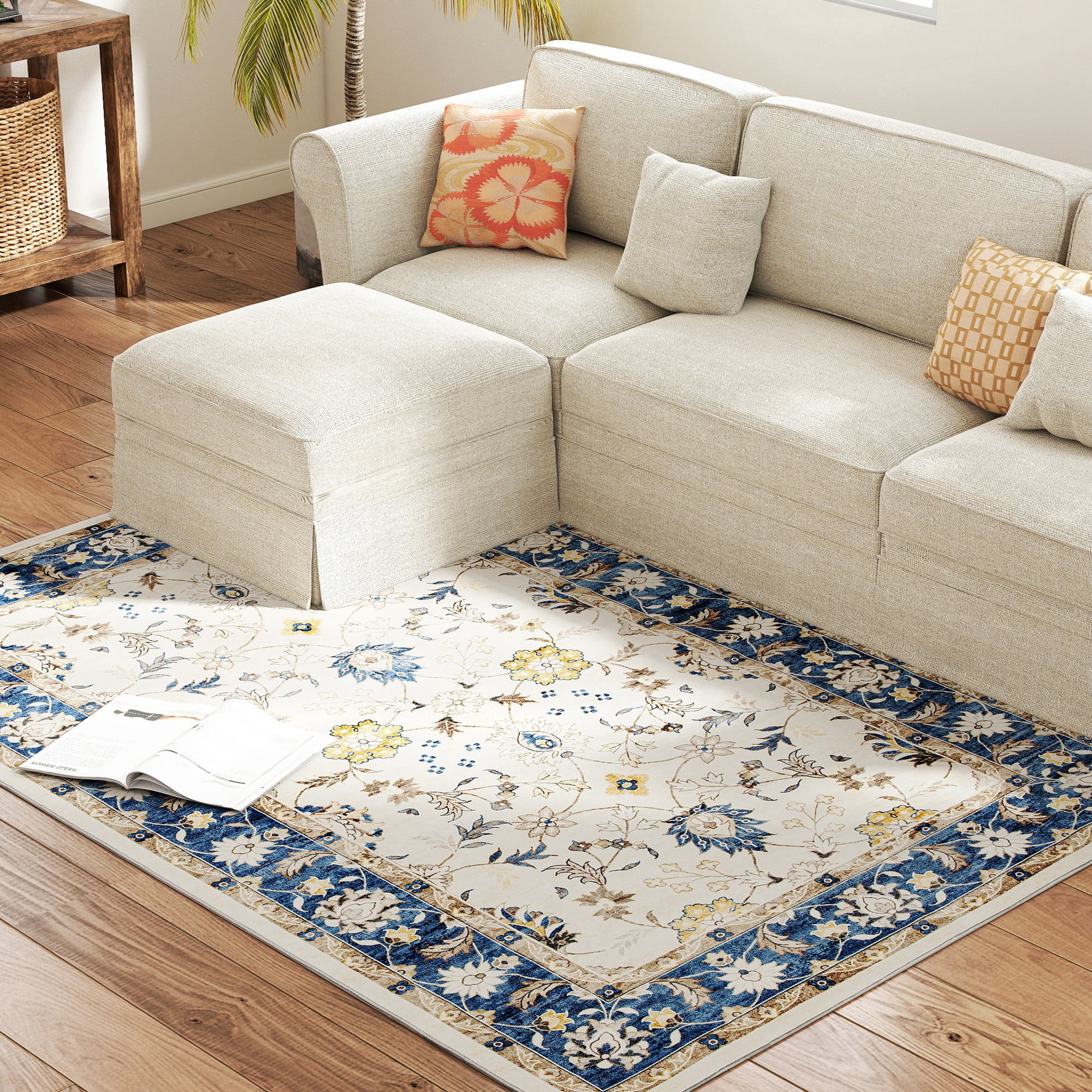 HOMCOM Machine Washable Area Rug 4x6, Non-Slip Boho Floral Print Floor Carpet for Living Room, Bedroom, Dining Room, Blue