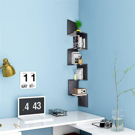 Black Glass Corner Shelf 5 Tiers Wood Wall Mount Corner Shelves, Zig Zag Wall Mount Shelf Storage Bookshelf Home Decor (Black) ()