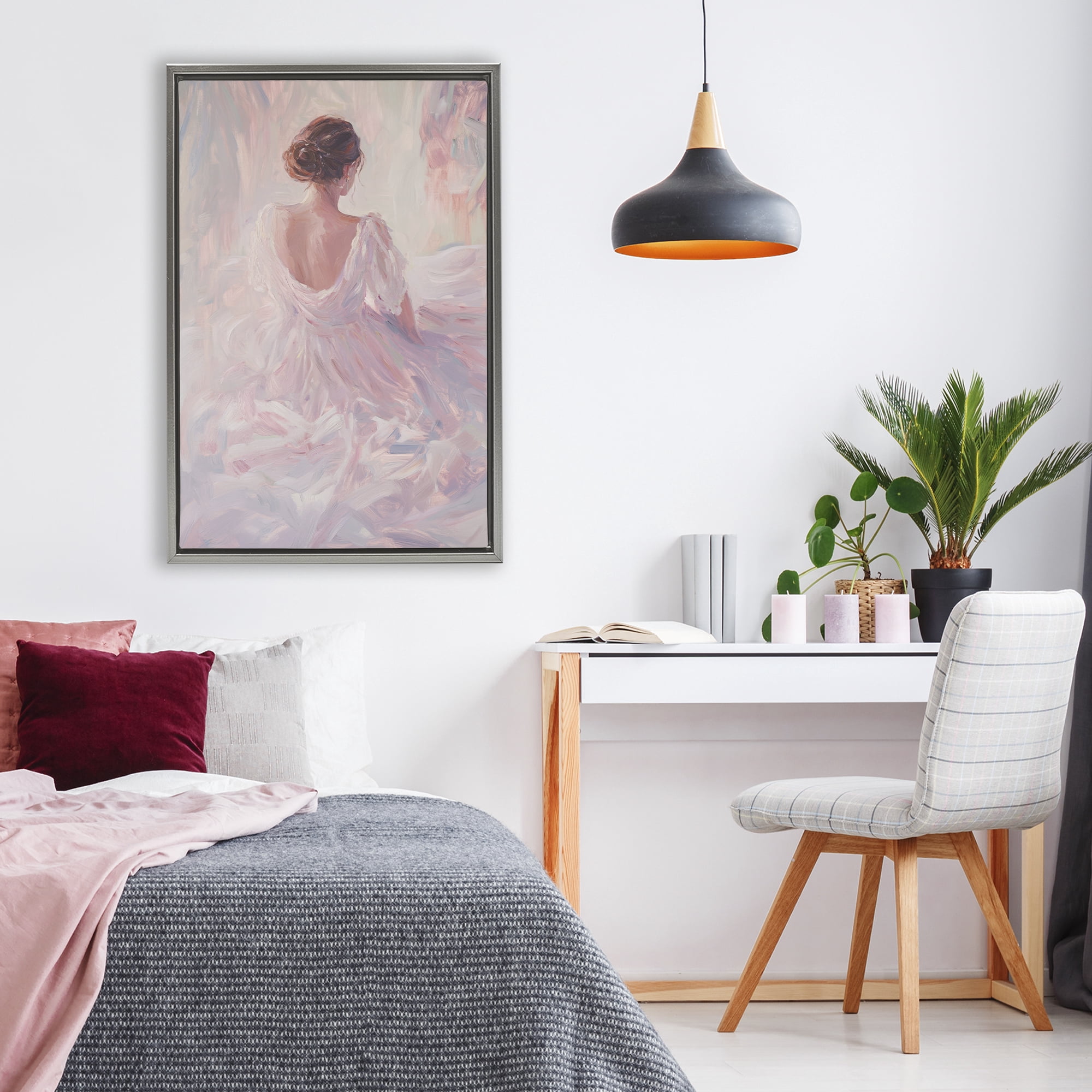 Stupell Industries Graceful Woman in Blush Gown Gray Framed Floater Canvas Wall Art, design by Petal Prints Design