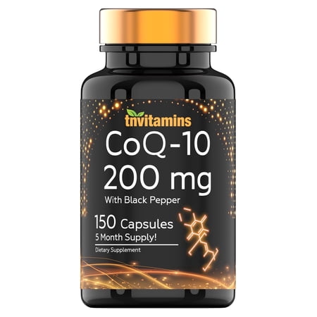 TNVitamins Coq10 200mg with Black Pepper Extract, Antioxidant Dietary Supplement Capsules, Coenzyme Q10 Support, Nutrient Absorption Support, Count 150
