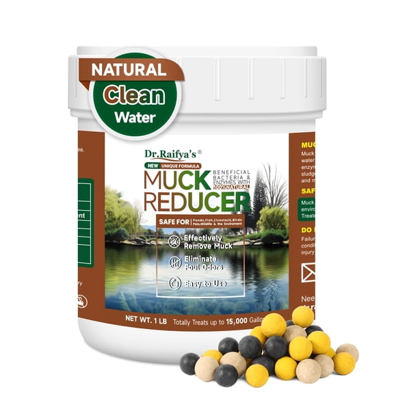 Dr.Raifya's Muck Reducer, Pond Sludge & Water Fountain Clarifier, 1 LB | Beneficial Bacteria for Ponds, Naturally Removes Muck & Controls Odor, Safe for Fish & Wildlife, Easy to Use - 9,000 Granules