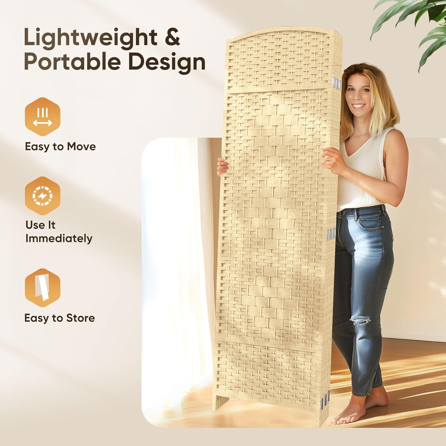 Jostyle Room 6ft Tall Divider with Hand-Woven Design, 4-Panel Folding Privacy Screen Freestanding White