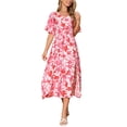 thumbnail image 2 of INSPIRAR CHIC Vestidos de Verano Boho para Mujeres con Escote en V, Manga Corta, Cintura con Cinta, Fluido, Con Abertura, Floral, Vestido Maxi de Playa S Rosa, 2 of 5