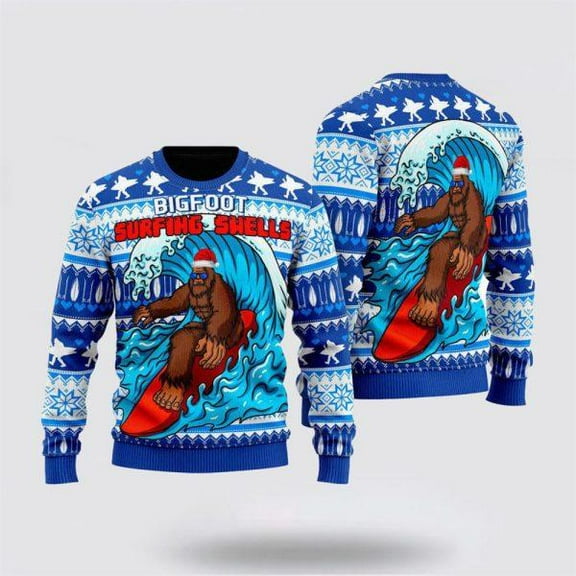 Bigfoot Surfing Swells Ugly Christmas Sweater Men & Women – Gifts For Bigfoot Lovers