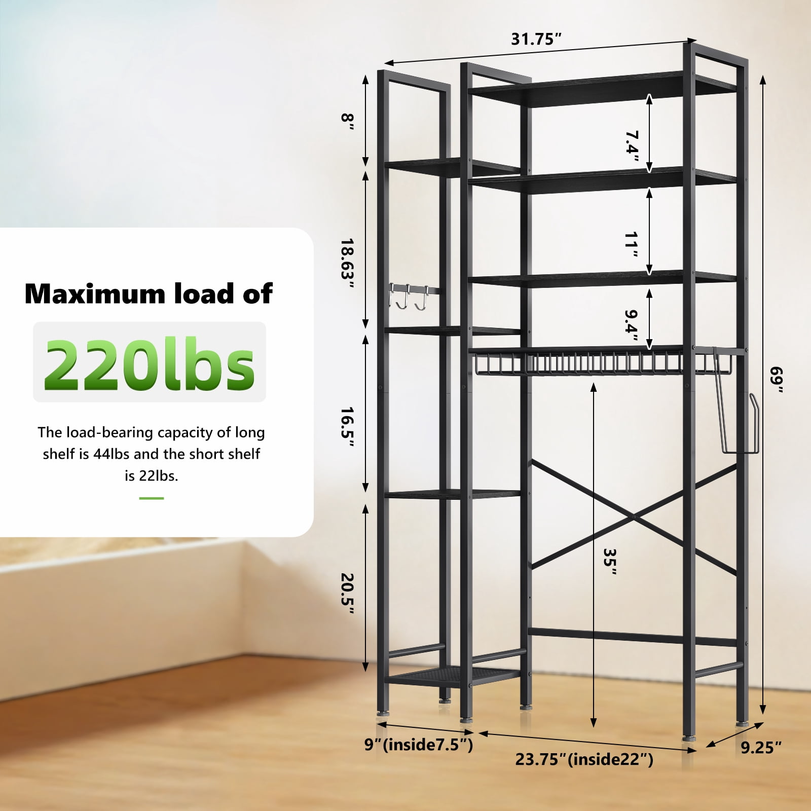 Biemlerfn 8-Tier Over the Toilet Rack, Bathroom Storage Organizer with Adjustable Shelves, Toilet Paper Holder & Hooks, Black