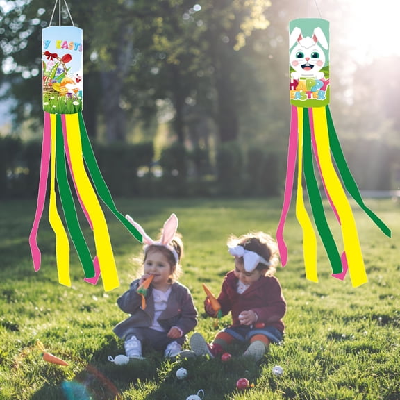 AUQ Easter Wind Sock Flag Anti-fading Easy to Hang Happy Easter Rabbit Pattern Garden Wind Flag Home Decor