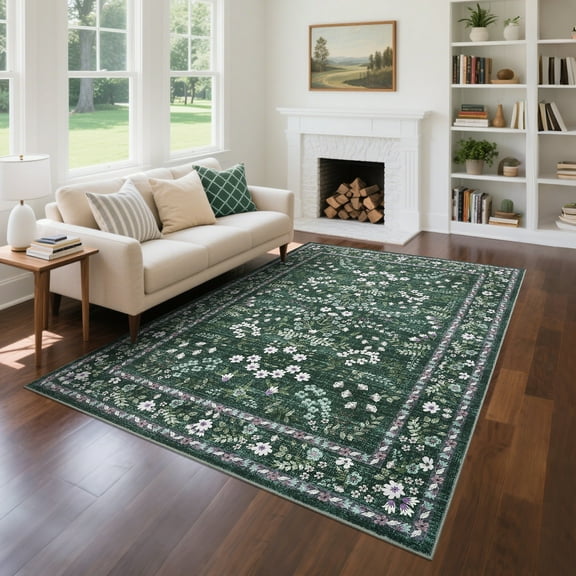 JoanKaren 8'x10'Area Rugs,Modern Floral Printed Rug for Living Room,Machine Washable,Non-Slip Backing Stain Resistant Farmhouse Floor Cover,Green