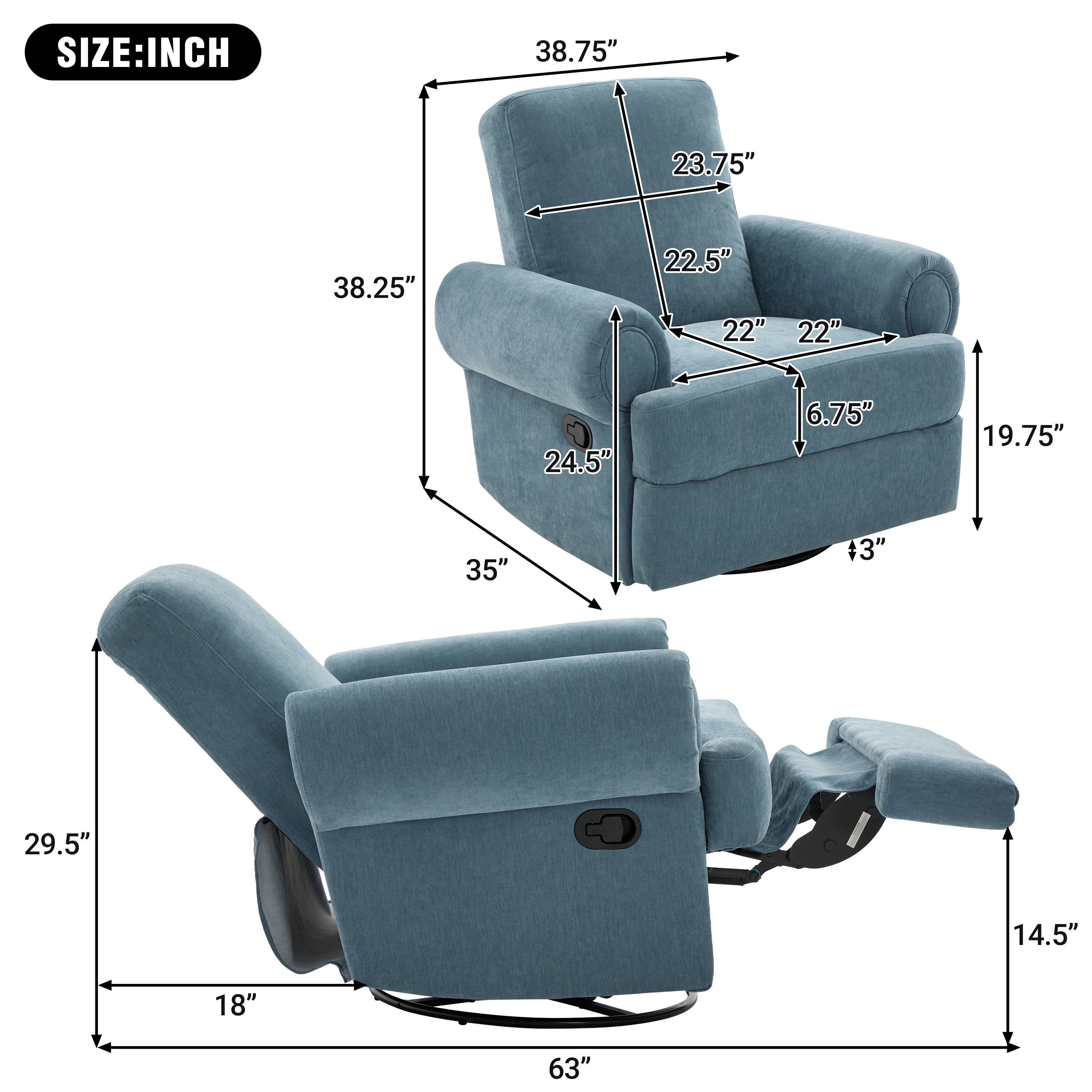 Euroco Manual Recliner Sofa Swivel Recliner Rocker Chair with Adjustable Backrest for Living Room, Bedroom, or Nursery, Sky Blue