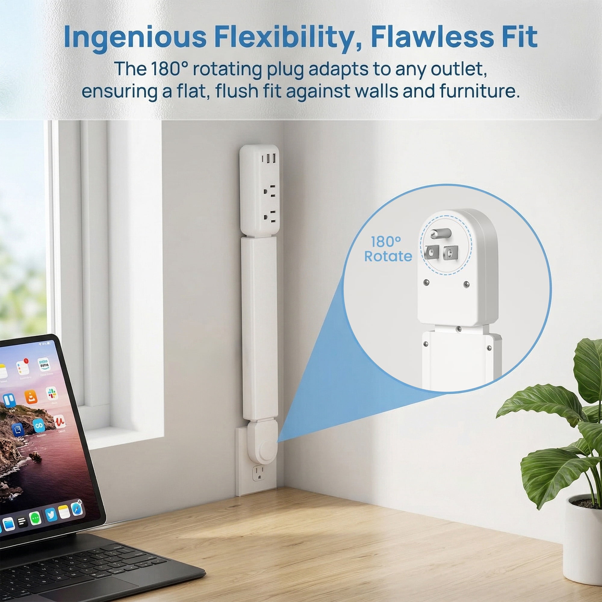 Electrical Outlet Extender Stick with 2 USB-C, 1 USB-A, and 2 AC Outlets – Adjustable 22"-34", No Assembly, Perfect for Sofas, Nightstands, and Desks
