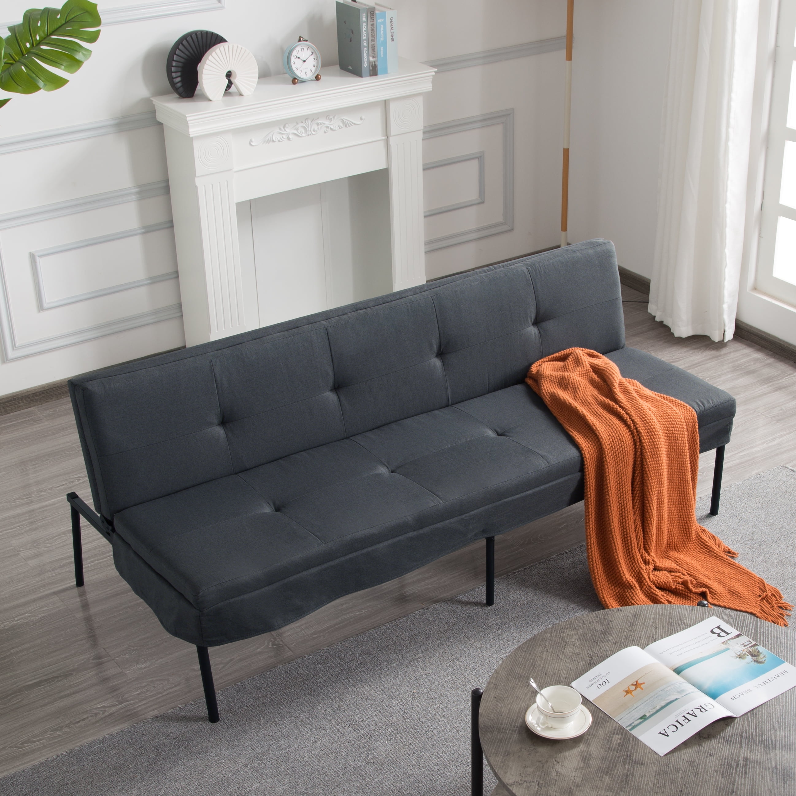 BSHTI 69.88" Futon Sofa Bed with 5 Adjustable Positions – Polyester Fabric Convertible Sleeper Couch with Iron Frame, Clean-Lined Modern Design for Living Room, Apartment, Office, Dormitory,Dark Gray