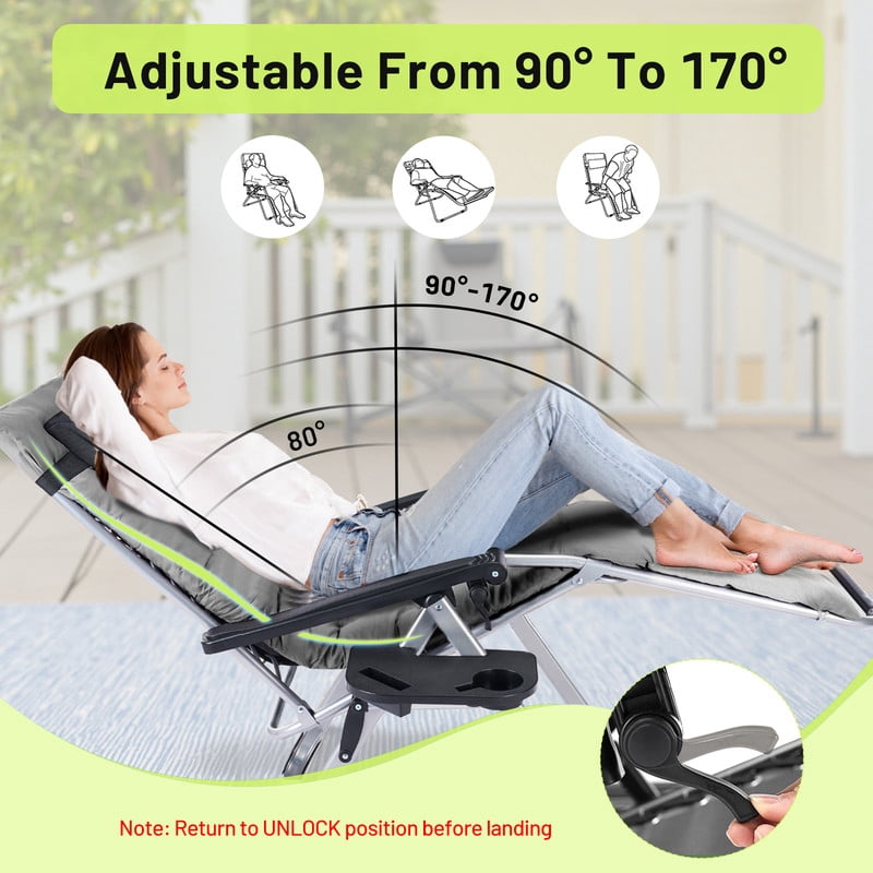 Simenmax Zero Gravity Chair, Reclining Camping Lounge Chair for Indoor, Reclining Patio Chairs with Cup Holder Trays and Removable Cushion, Folding Recliner for Outdoor,Gray