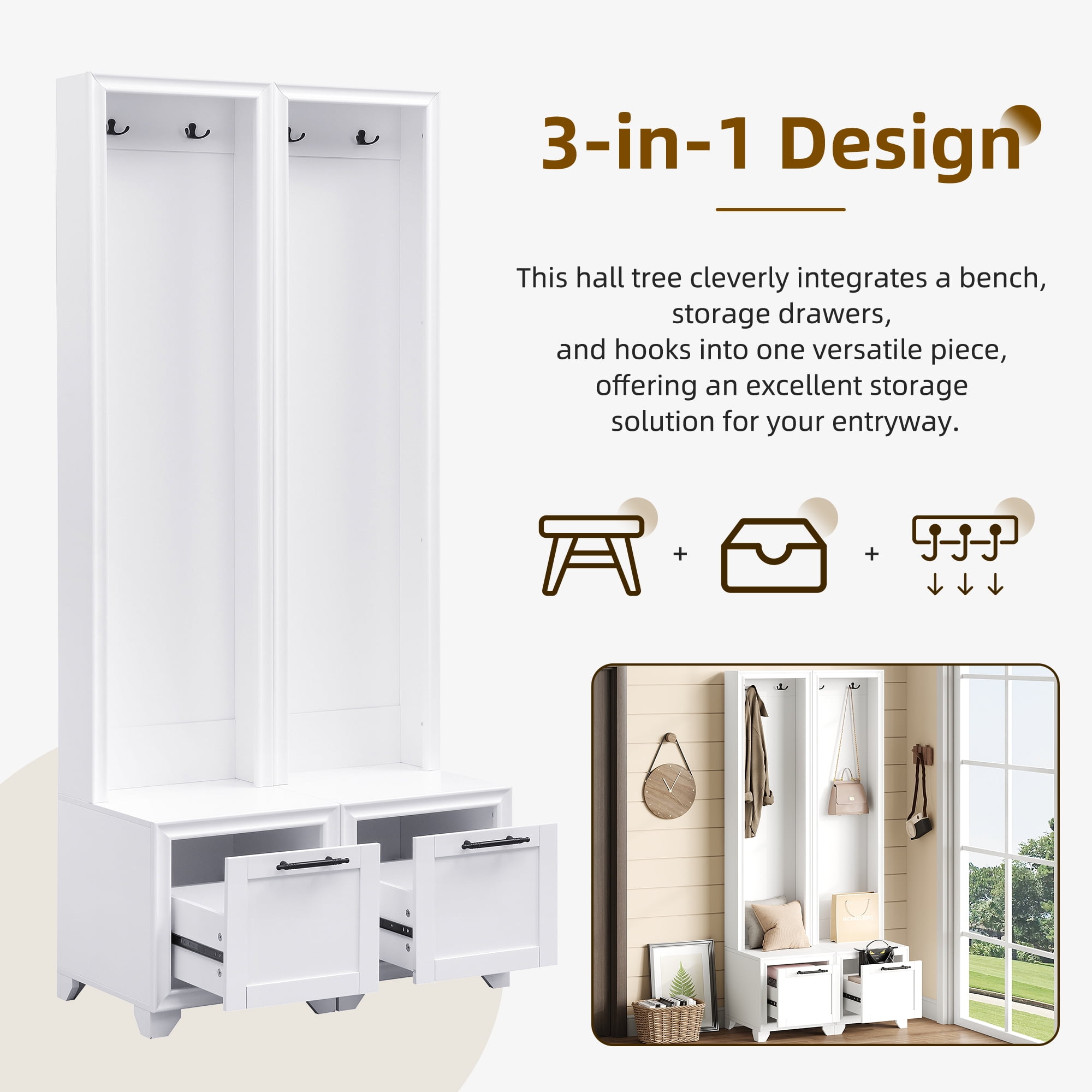 Euroco Elegant Free Standing Hall Tree Set of 2, 3-in-1 Entryway Coat Rack with Black Retro Handles, Bench with Storage Drawers for Hallway and Living Room