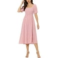 thumbnail image 2 of INSPIRE CHIC Robe Midi pour Femme Vichy Manches Courtes Bouffantes Smockée Carreaux Robes Vichy S Rose Melon D\'eau, 2 of 6