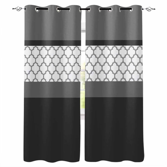 Fsddascl Black Morocco Blackout Curtains for Bedroom/Living Room, Thermal Insulated Kitchen Curtains, Grey Striped Middle Century Patterned Grommet Darkening Window Treatment Drapes 27.5"x39"x2