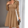 thumbnail image 4 of Solid Color V-Neck Wrap Dress for Women Long Sleeve Knee Length Dress Slim Waist Pleated Casual Short Dress, 4 of 8