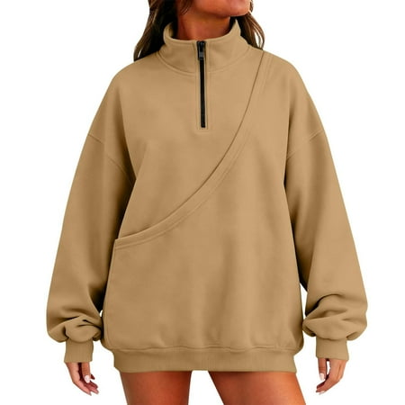 Aoiroe Womens Sweatshirts Half Zip Cropped Pullover Womens Sweatshirts Half Zip Fleece Pullover Tops Stylish Loose Fit Casual Pullover Tops Brown 2XL