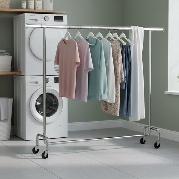 LEDREM Extendable Heavy-Duty Clothes Rack with Wheels, 243 lb Capacity Garment Rack for Bedroom and Laundry, Chrome-Plated Silver