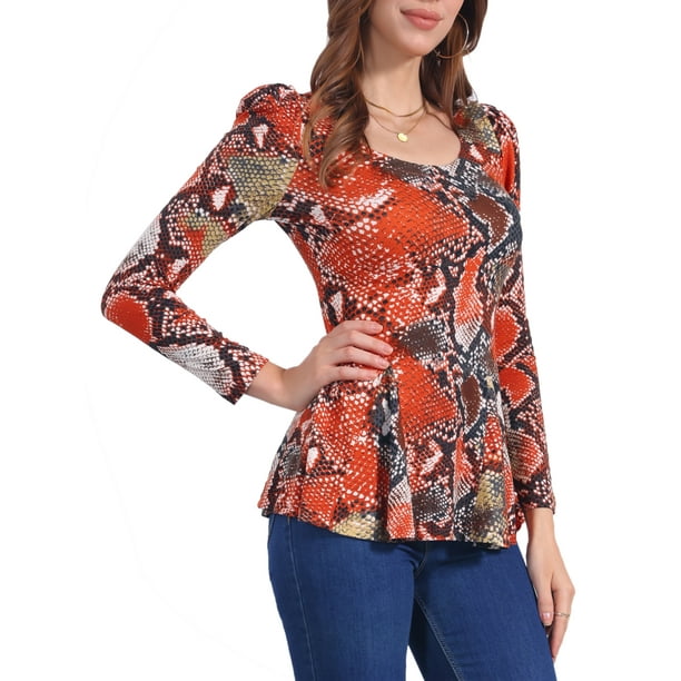 INSPIRAR CHIC Blusas de Mujer de Manga Larga con Estampado y Cuello Redondo Peplum L Multicolor - Serpiente
