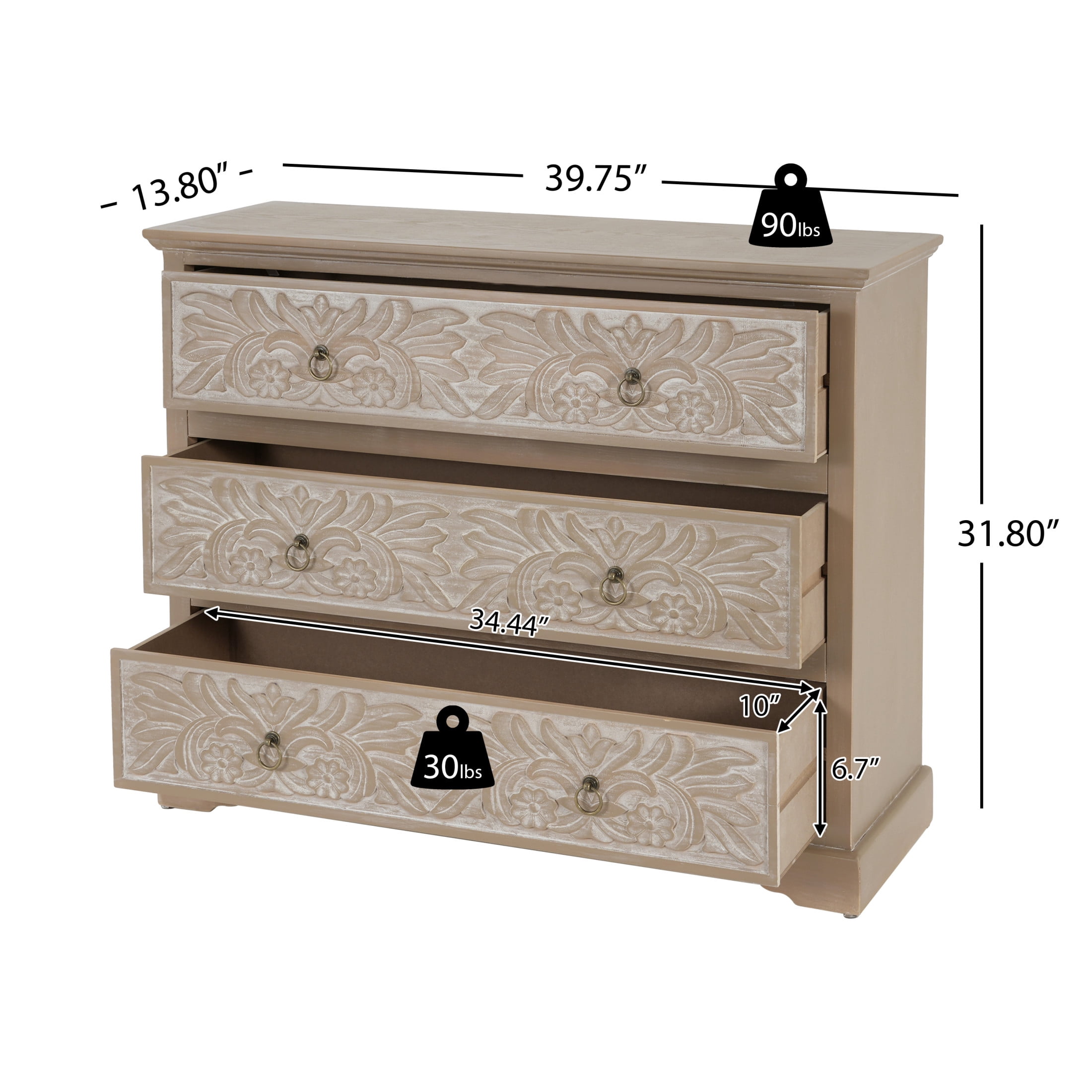 Christopher Knight Home Boho 3-Drawer Dresser with Carved Floral Front, Vintage Style, Light Ash & White